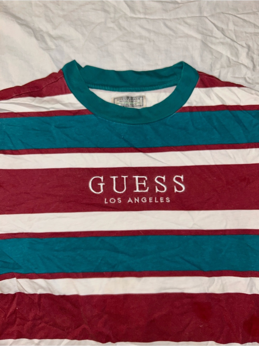 GUESS Teal, Burgundy & White Striped Crewneck Tee